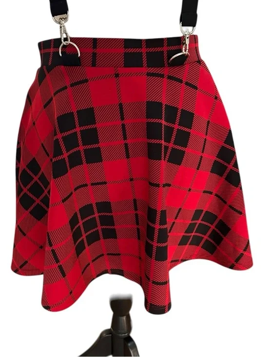 Red Black Plaid Skater Mini Skirt O Ring Zip Suspender Goth Punk Small Indie - Picture 10 of 11